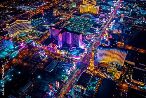This photo captures the illuminated Las Vegas Strip from above, showcasing the bustling nightlife and iconic landmarks, Bright lights of Las Vegas Strip from above, AI Generated photo
