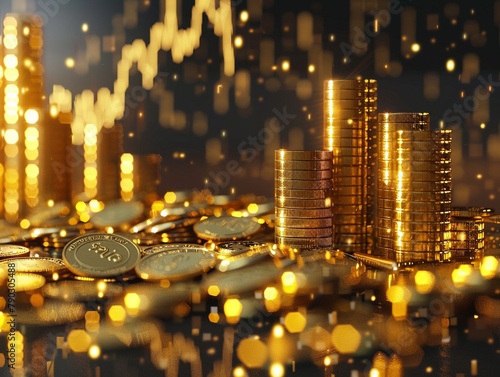 A glowing stock market graph soaring upwards, with gold bars and coins at the base, depicting growth and wealth accumulation