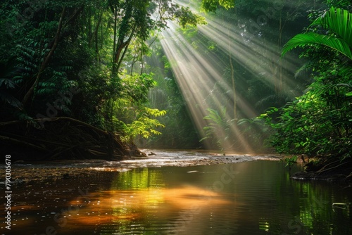 A river flows through a landscape filled with lush green trees  as beams of sunlight illuminate the scene  Bright sunlight creating dapples on a rainforest river  AI Generated