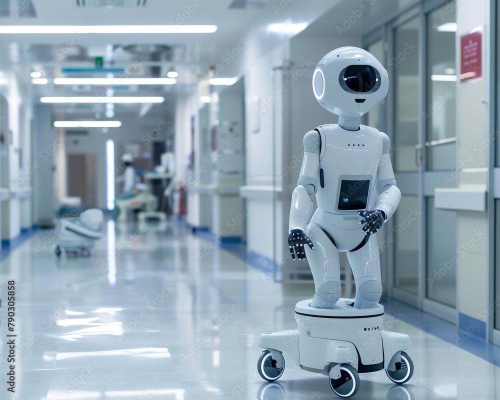 A health care setting where robots assist in patient care, showcasing the intersection of automation, cost efficiency, and improved service delivery, soft, empathetic tones A health care setting where robots assist in patient care, showcasing the intersection of automation, cost efficiency, and improved service delivery, soft, empathetic tones