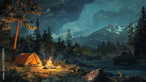 A cozy campsite nestled in the wilderness, with a tent pitched beside a crackling campfire, inviting travelers to rest and recharge under the stars.