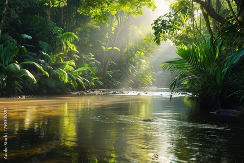 A river cuts through a dense green forest  surrounded by tall trees  moss-covered rocks  and vibrant foliage  Bright sunlight creating dapples on a rainforest river  AI Generated