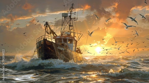 A fishing trawler returning to port at dawn, its nets heavy with the day's catch as seagulls swoop and dive in search of scraps. photo