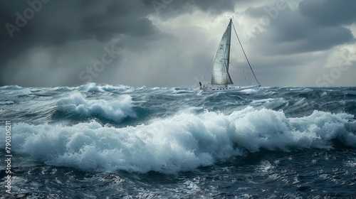 A lone sailboat navigating turbulent waves during a storm, its sails billowing in the wind as it braves the fury of the open ocean.
