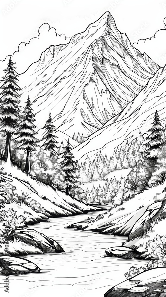 Fototapeta premium Nature: A coloring book page featuring a snowy mountain peak