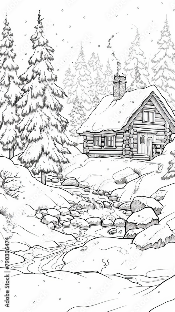 Nature scenes Coloring Book: An outline of a snow-covered cabin in a pine forest