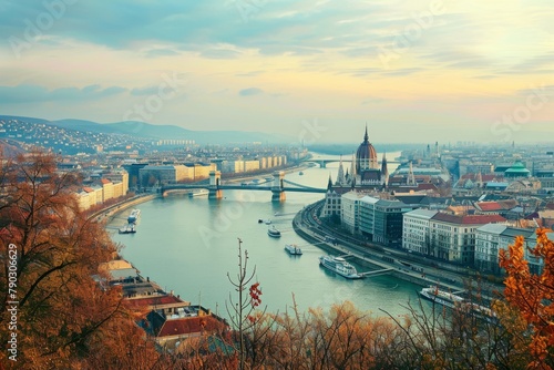 A river flowing through an urban landscape, with a bridge spanning across it, connecting different parts of the city, Budapest cityscape divided by the Danube River, AI Generated