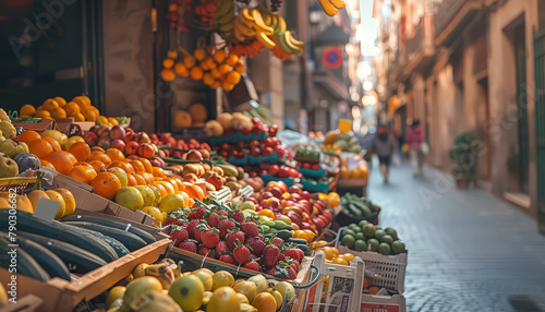 A street with a fruit stand selling oranges and apples