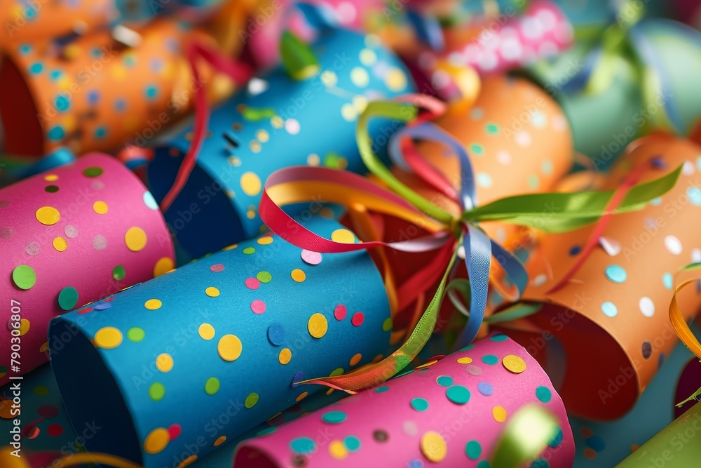 Obraz premium A lively bunch of colorful streamers featuring a ribbon fluttering in the wind, Bunch of colorful party poppers all set for a grand birthday, AI Generated