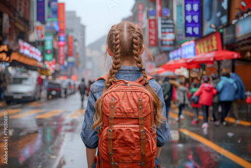 With braided hair and an orange backpack, a girl strolls leisurely down a wet, crowded street, immersing herself in the sights and sounds of a new eastern city. The casual, relaxed atmosphere reflects