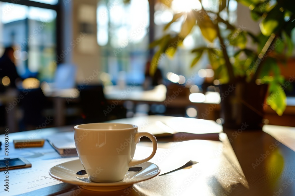 A cup of coffee is placed on top of a wooden table, creating a simple yet visually appealing composition, Business office during a coffee break, AI Generated