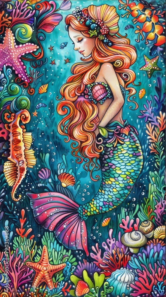 Fototapeta premium Underwater: A coloring book page featuring a beautiful mermaid exploring a colorful underwater world filled with seashells, starfish, and seahorses