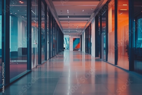 A straight and spacious hallway lined with glass doors that provide a clear view of the adjacent room  Business office corridor filled with artwork  AI Generated