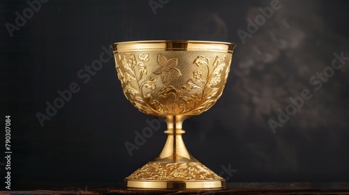 Gold cup on table with black backdrop