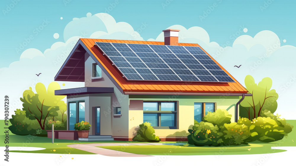 Illustration of modern house with solar panels on roof under blue sky. Eco-friendly housing design with solar power benefits. Environmentally conscious lifestyle. Home efficiency upgrades