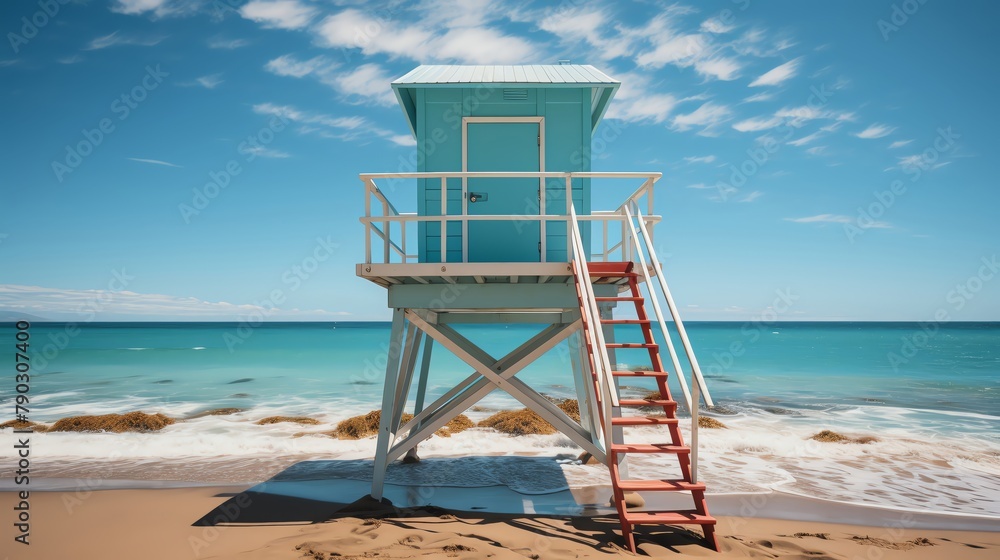 Iconic shot of a lifeguard stand against a clear blue sky, symbolizing safety and vigilance, suitable for public safety campaigns or beachside community highlights