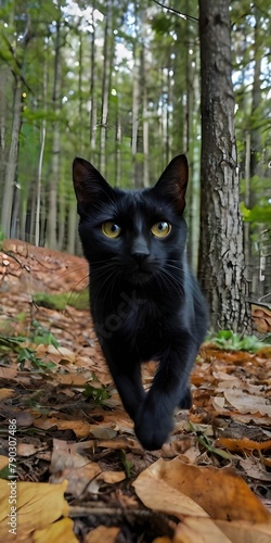 Ai Generated, A black cat that jumps through the woods