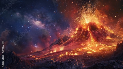 A volcano erupting in a spectacular display of lava and ash, against the backdrop of a starry night sky. photo