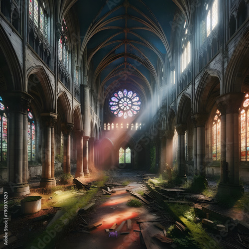 Interior of an abandoned Gothic cathedral