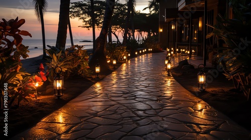 Evening shot of tiki torches lining a beach pathway, creating a mystical and inviting ambiance, suitable for resort advertising or tropical themed party planning photo