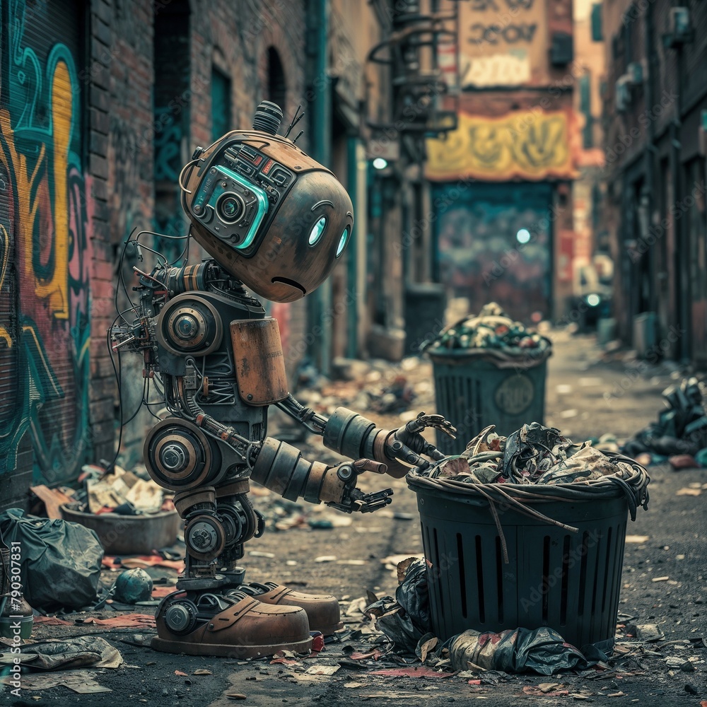 Futuristic Robot Searching Through Garbage in Urban Alleyway in a graffiti-covered alley, hinting at a world where technology intersects with everyday survival. Futuristic Robot Searching Through Garbage in Urban Alleyway in a graffiti-covered alley, hinting at a world where technology intersects with everyday survival.