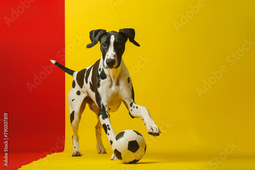 Great Dane puppy playing with soccer ball. Minimal concept of European football and championship fans. Copy space