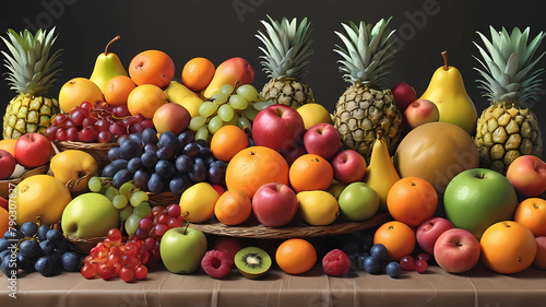 many different fruits on the table, many colors, forms, shapes, sizes, no overlapping, super detailed, realistic