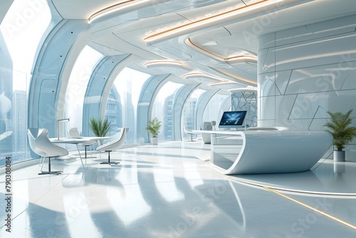 A modern office space with expansive windows and sleek white furniture, creating a clean and minimalist atmosphere, Business office with futuristic architecture, AI Generated