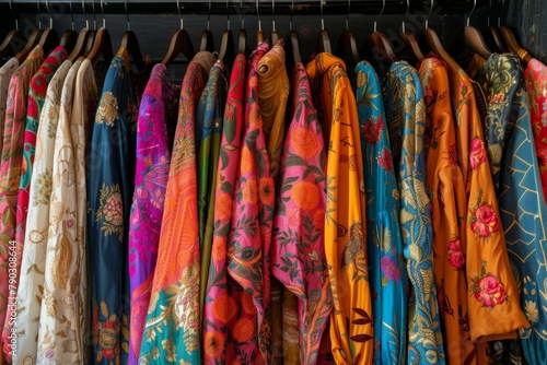 Fashion clothes on clothing rack - bright colorful closet.