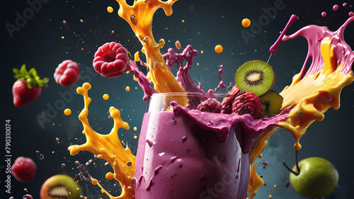 The Healthy and vibrant smoothie. Capture dramatic smoothie splash. Creative Dynamic compotition vary angle. Macro Food photography, taken by very high tech expensive camera. Eyecatching, mouth photo