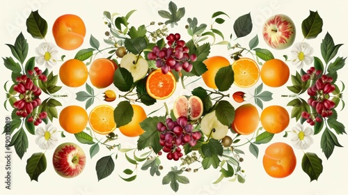 fruit line styles  with the elegant flowers and leaves of apples  oranges  grapes  various fruits.