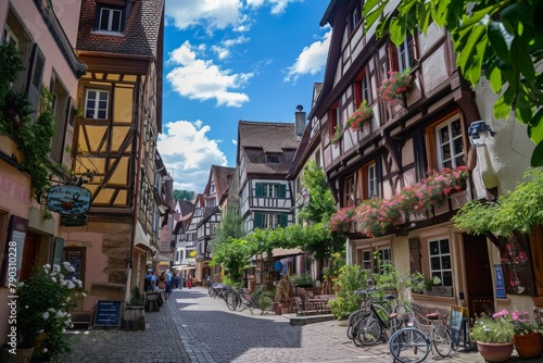 A cobblestone street in an European village lined with historic buildings and bustling with activity, Bustling marketplace surrounded by medieval buildings, AI Generated