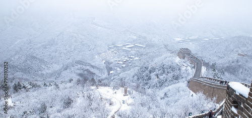 Panoramic view of the Badaling Great Wall with snow covered forest and fog in winter, Beijing, China photo