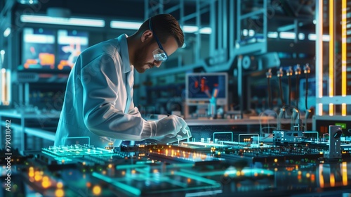 The technician is engaged in the preparation of experimental samples for testing new technologies and materials in the production of semiconductor devices in a highly technical laboratory photo