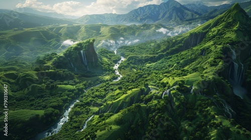 Aerial view of a volcanic landscape covered in lush greenery, with winding rivers and cascading waterfalls carving through the terrain. photo