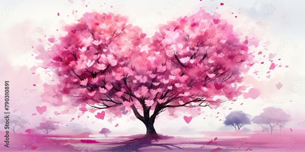 Fototapeta premium Pink sakura heart tree with a flower, in the style of realistic watercolors. Symbol of love romantic holiday. Nature outdoor plant scene view