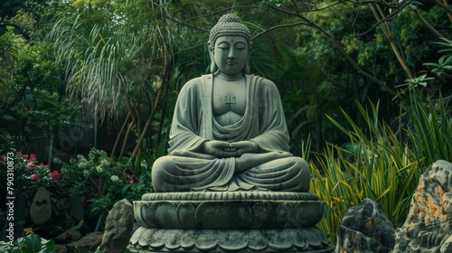 Serene Buddha Statue in Peaceful Garden Setting.