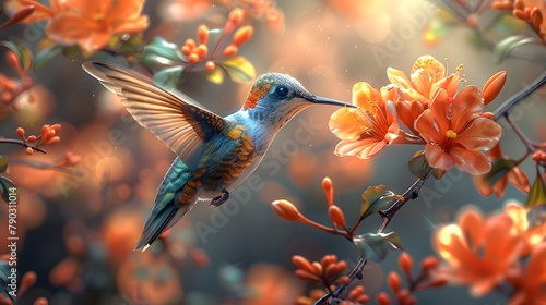 Hummingbird mid flight sipping nectar from a flower