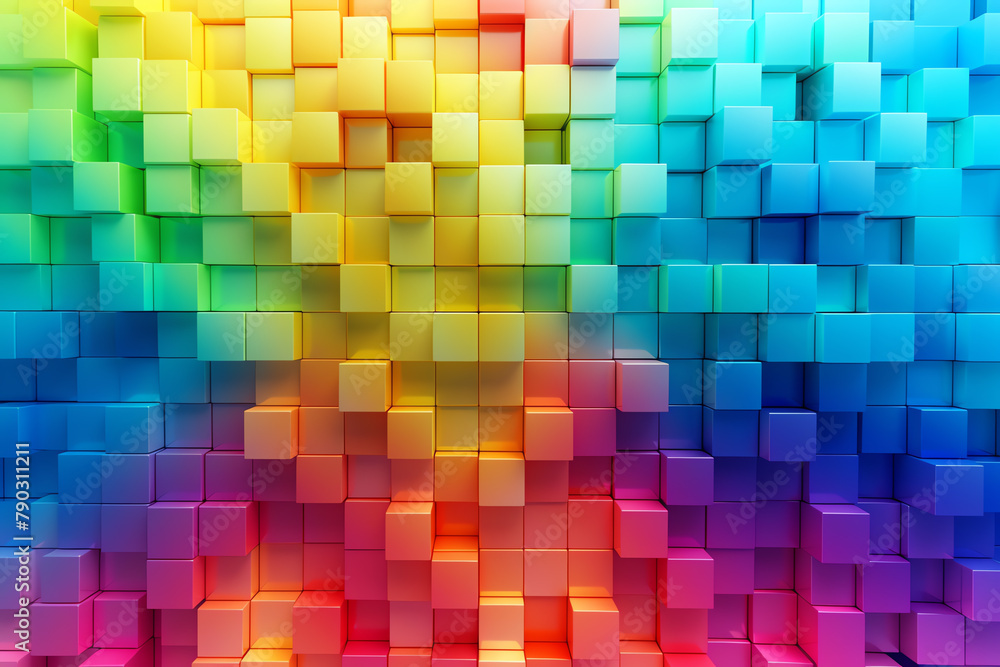 A 3D rendering of a rainbow-colored cubes background