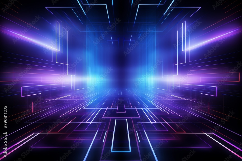 A glowing blue and purple circuit board with bright lights background A glowing blue and purple circuit board with bright lights background
