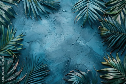 green palm leaves on a blue background. There is empty space for text in the center. banner  background  wallpaper. advertising.