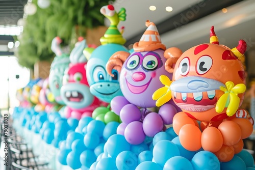 A row of brightly colored balloons decorated with cheerful clown faces, creating a vibrant and playful atmosphere, Cartoon character-themed balloons for a joyful children's party, AI Generated