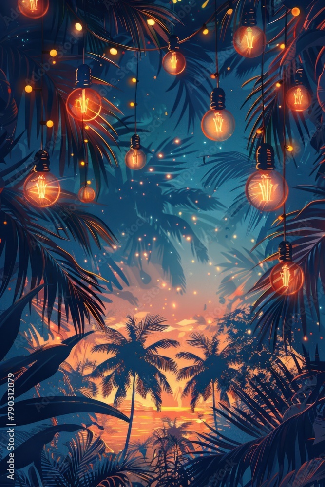 A cool, modern flyer for a summer party featuring palm trees and garlands.