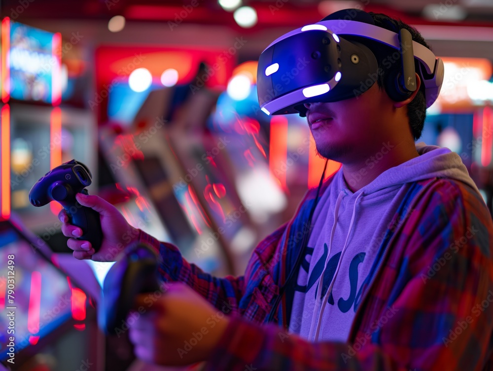 A man is playing a video game with a VR headset on. He is holding two controllers and he is enjoying the game