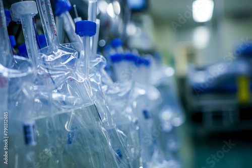 A row of plastic bottles filled with water, neatly lined up against a wall, Catheters and IV bags in a sterile environment, AI Generated