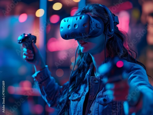 A woman wearing a black jacket is playing a video game with two controllers. The game is a virtual reality game, and the woman is fully immersed in it. Scene is energetic and exciting