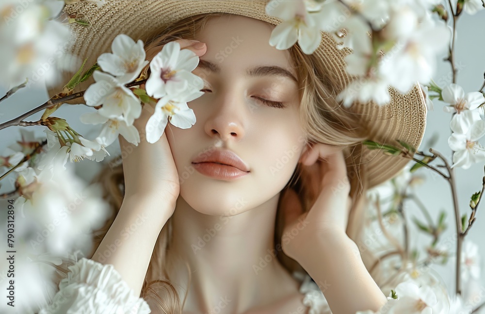 Woman Surrounded by Flowers With Closed Eyes