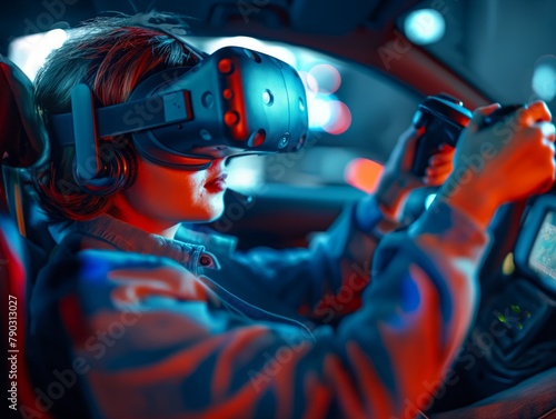 A woman is wearing a virtual reality headset and driving a car. The scene is set in a dark room with a red and blue color scheme