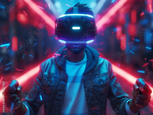 A man wearing a jacket and holding a controller is playing a video game. The image has a futuristic and energetic vibe, with the man's virtual reality headset and the bright colors of the background
