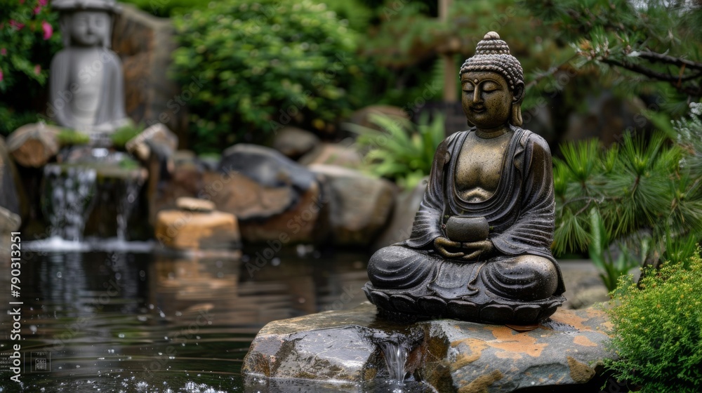 Serene Buddha Statue in Peaceful Garden Setting. Serene Buddha Statue in Peaceful Garden Setting.